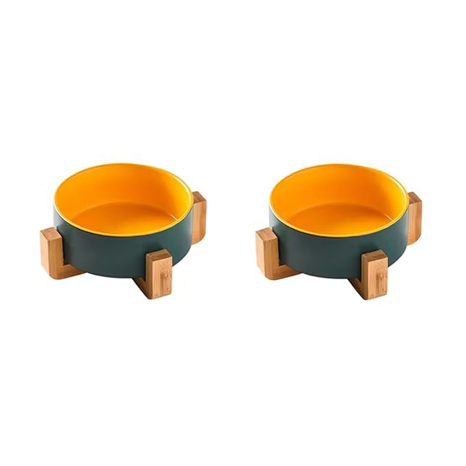 Ceramic Bowl with Wooden Stand: Elevated Pet Food Bowl