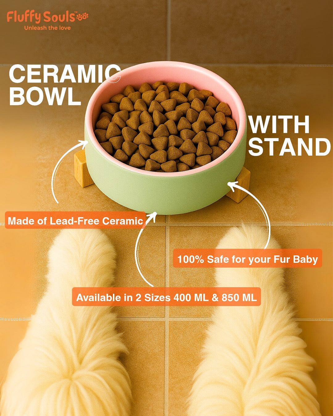 Ceramic Bowl with Wooden Stand: Elevated Pet Food Bowl