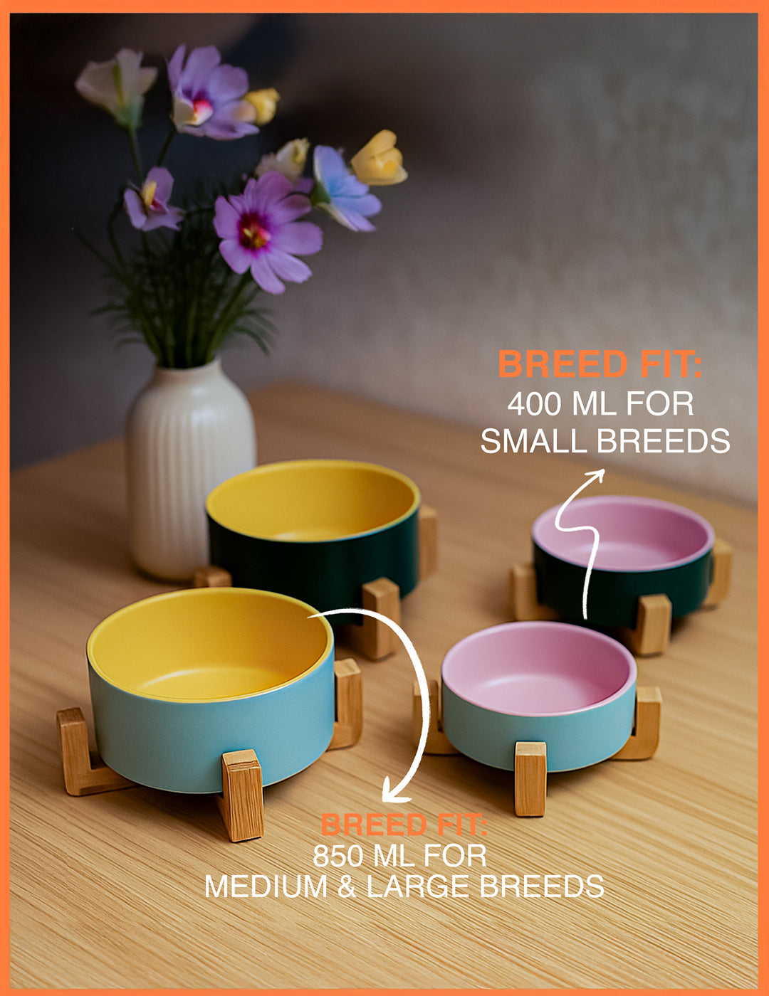 Ceramic Bowl with Wooden Stand: Elevated Pet Food Bowl