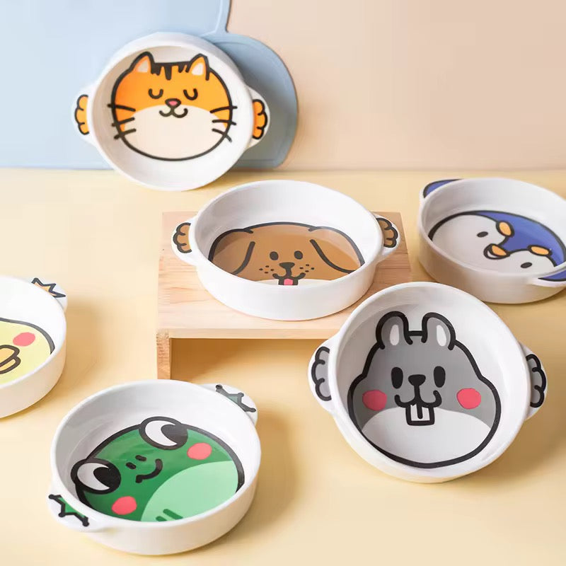 Ceramic Pet Bowl- Cartoon Animal Design - For Cats and Dogs