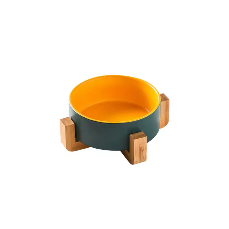 Ceramic Bowl with Wooden Stand: Elevated Pet Food Bowl