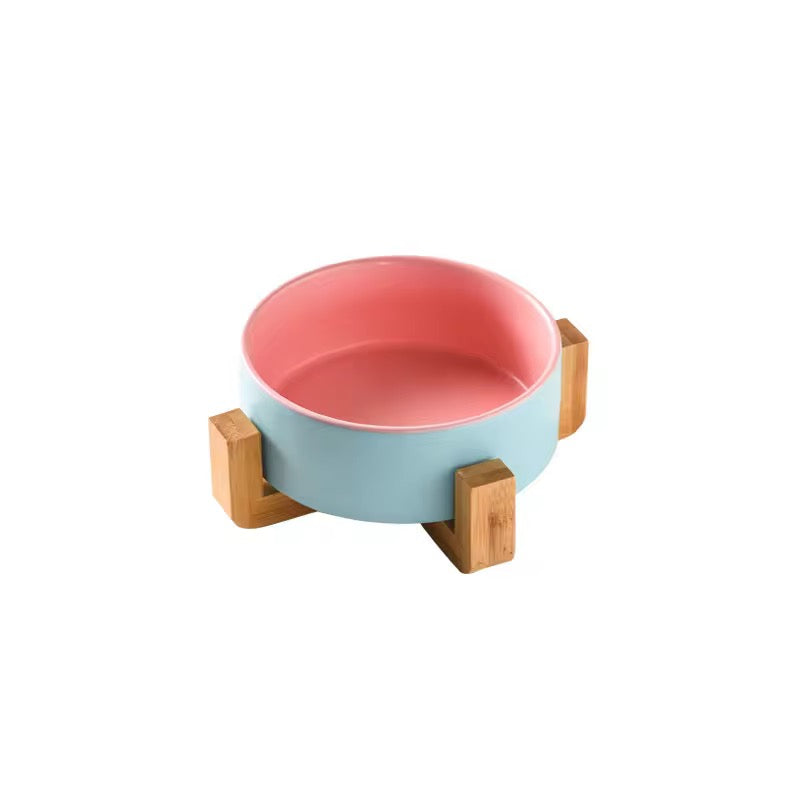 Ceramic Bowl with Wooden Stand: Elevated Pet Food Bowl