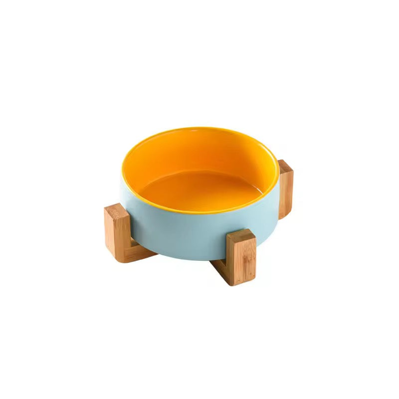 Ceramic Bowl with Wooden Stand: Elevated Pet Food Bowl