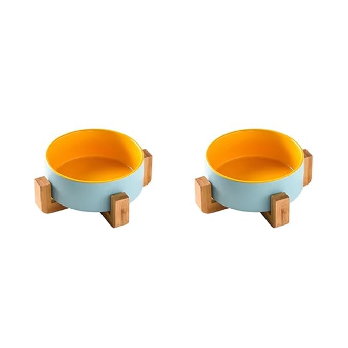 Ceramic Bowl with Wooden Stand: Elevated Pet Food Bowl