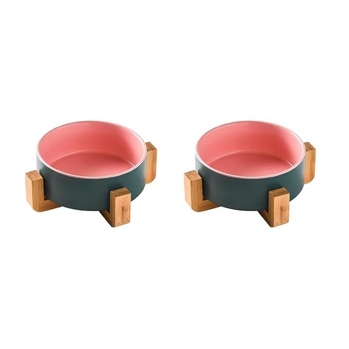 Ceramic Bowl with Wooden Stand: Elevated Pet Food Bowl