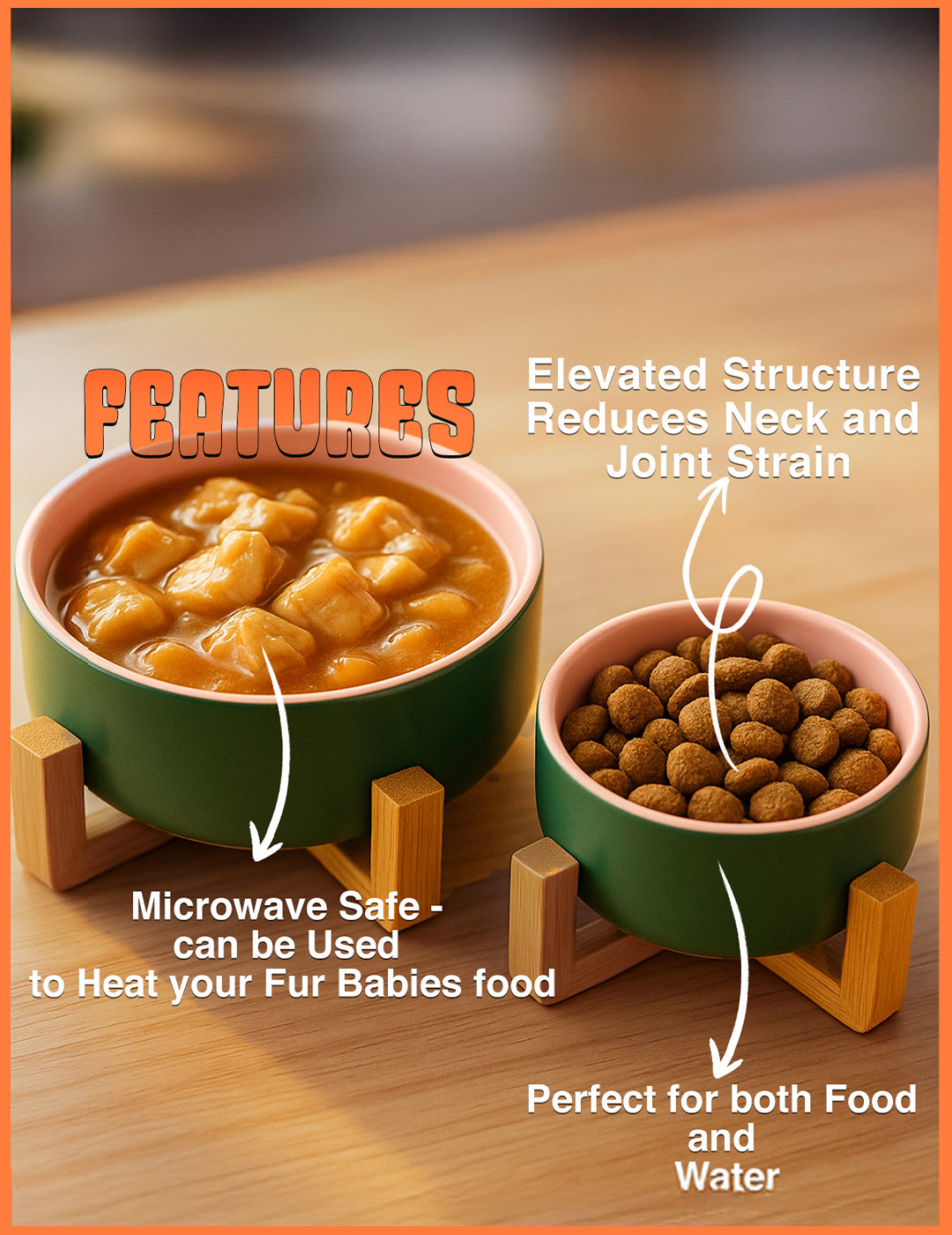 Ceramic Bowl with Wooden Stand: Elevated Pet Food Bowl